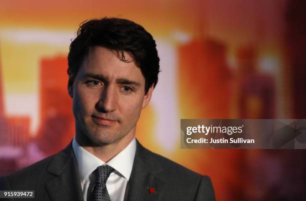 Canada Prime Minister Justin Trudeau looks on before speaking to members of the media during a visit to AppDirect on February 8, 2018 in San...