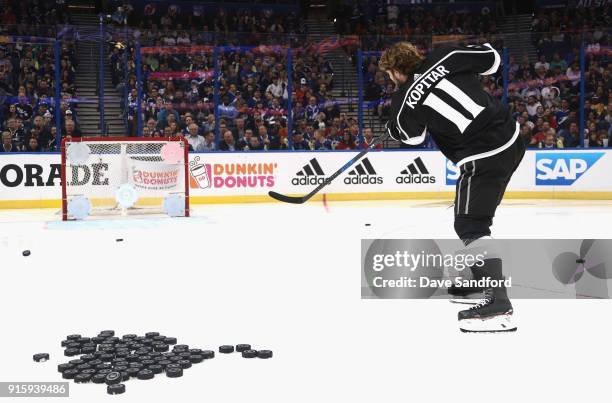 Anze Kopitar of the Los Angeles Kings competes in the Honda NHL Accuracy Shooting during 2018 GEICO NHL All-Star Skills Competition at Amalie Arena...