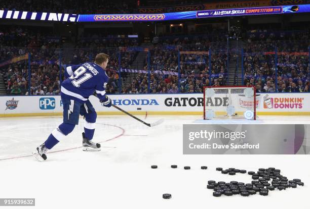 Steven Stamkos of the Tampa Bay Lightning competes in the Honda NHL Accuracy Shooting during 2018 GEICO NHL All-Star Skills Competition at Amalie...