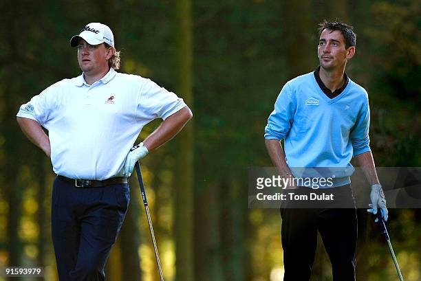 Andrew Pestell of Chelmsford and Jason Levermore of Clacton look on during the SkyCaddie PGA Fourball Championship at Forest Pines Golf Club on...
