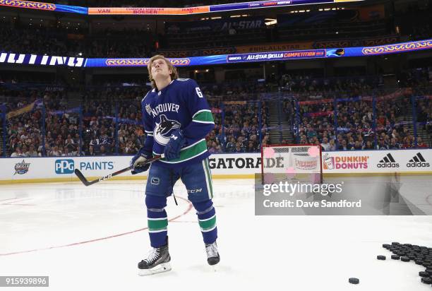 Brock Boeser of the Vancouver Canucks competes in the Honda NHL Accuracy Shooting during 2018 GEICO NHL All-Star Skills Competition at Amalie Arena...