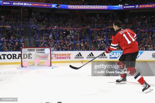 Brian Boyle of the New Jersey Devils competes during the Honda NHL Accuracy Shooting during 2018 GEICO NHL All-Star Skills Competition at Amalie...