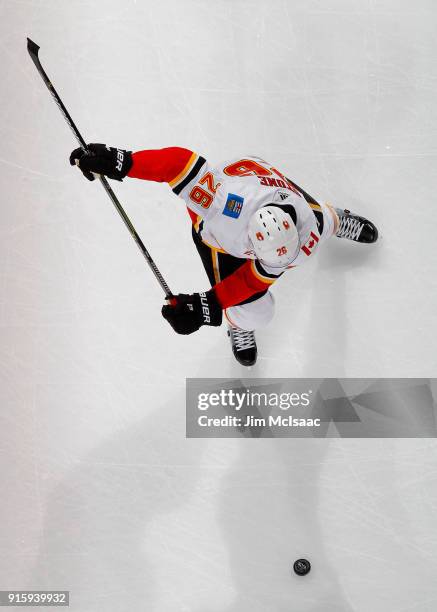Michael Stone of the Calgary Flames warms up before a game against the New Jersey Devils on February 8, 2018 at Prudential Center in Newark, New...