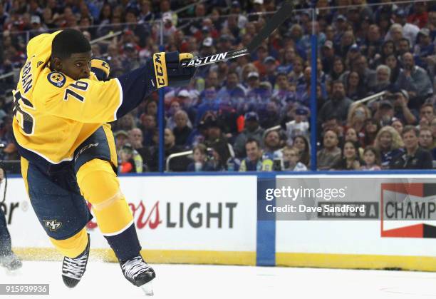 Subban of the Nashville Predators competes in the PPG NHL Hardest Shot challenge during 2018 GEICO NHL All-Star Skills Competition at Amalie Arena on...