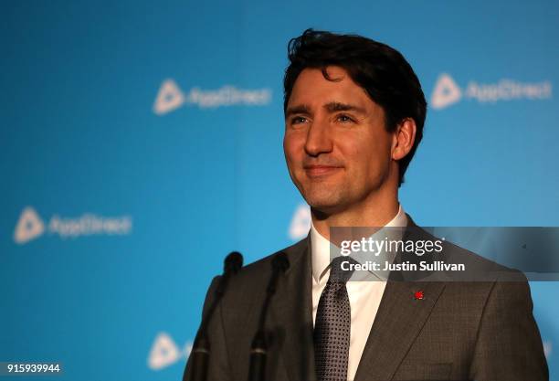 Canada Prime Minister Justin Trudeau speaks to members of the media during a visit to AppDirect on February 8, 2018 in San Francisco, California....