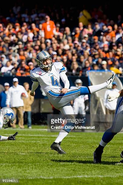 Jason Hanson of the Detroit Lions kicks a point after against the Chicago Bears at Soldier Field on October 4, 2009 in Chicago, Illinois.