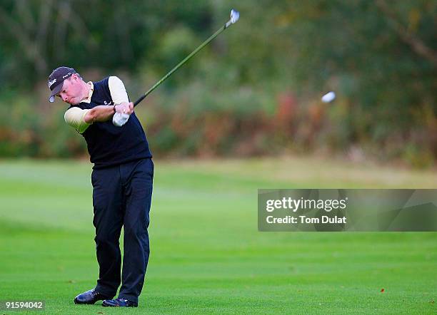 Adrian Ambler of Walton Golf Centre takes a shot from the 17th fairway during the SkyCaddie PGA Fourball Championship at Forest Pines Golf Club on...