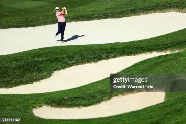 Derek Fathauer plays his shot on the sixth hole during Round One of the AT&T Pebble Beach Pro-Am at Pebble Beach Golf Links on February 8, 2018 in...