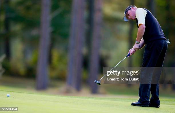 Adrian Ambler of Walton Golf Centre takes a shot during the SkyCaddie PGA Fourball Championship at Forest Pines Golf Club on October 08, 2009 in...