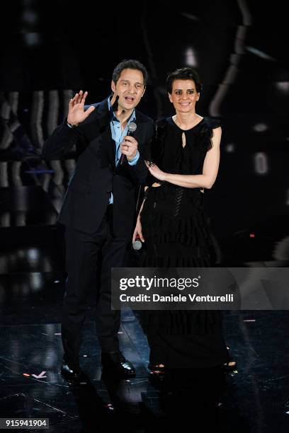 Claudio Santamaria and Claudia Pandolfi attend the third night of the 68. Sanremo Music Festival on February 8, 2018 in Sanremo, Italy.