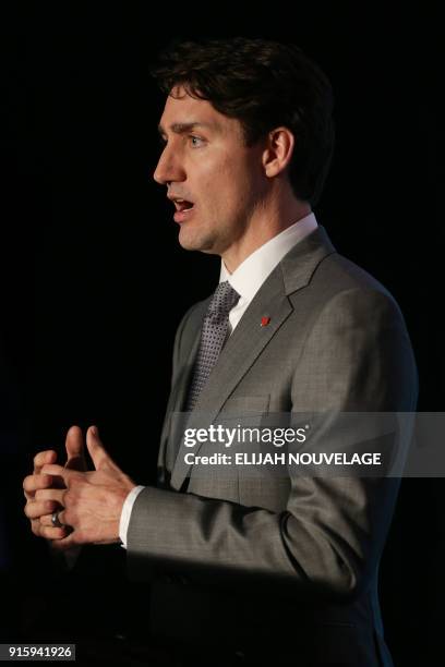 Canadian Prime Minister Justin Trudeau speaks during a visit to the offices of AppDirect as part of his three-day United States tour February 8 in...