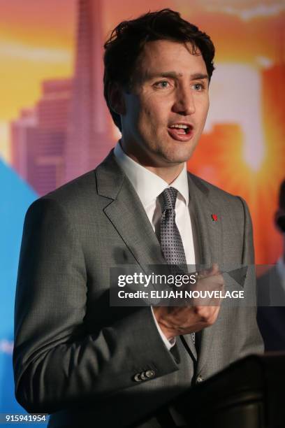 Canadian Prime Minister Justin Trudeau speaks during a visit to the offices of AppDirect as part of his three-day United States tour February 8 in...