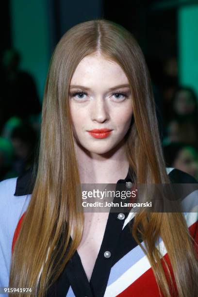 Model Larsen Thompson attends the Adam Selman front row during New York Fashion Week: The Shows at Gallery I at Spring Studios on February 8, 2018 in...