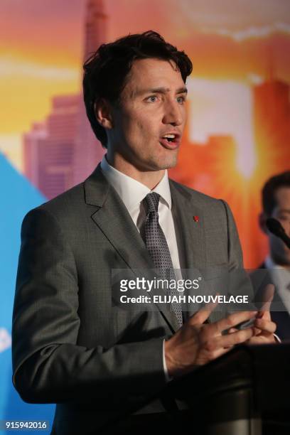 Canadian Prime Minister Justin Trudeau speaks during a visit to the offices of AppDirect as part of his three-day United States tour February 8 in...
