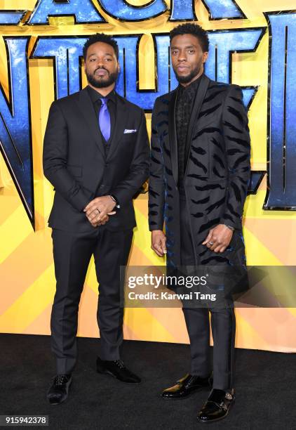 Ryan Coogler and Chadwick Boseman attend the European Premiere of 'Black Panther' at Eventim Apollo on February 8, 2018 in London, England.