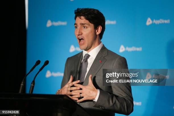 Canadian Prime Minister Justin Trudeau speaks during a visit to the offices of AppDirect as part of his three-day United States tour February 8 in...