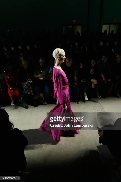Model walks the runway at the Adam Selman front row during New York Fashion Week: The Shows at Gallery I at Spring Studios on February 8, 2018 in New...