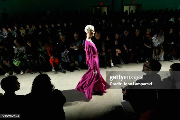 Model walks the runway at the Adam Selman front row during New York Fashion Week: The Shows at Gallery I at Spring Studios on February 8, 2018 in New...