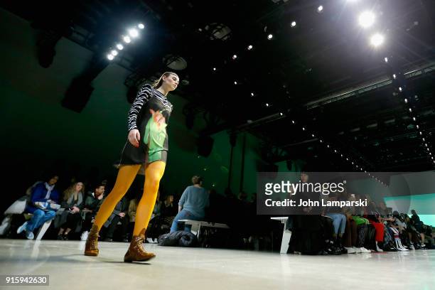 Model walks the runway at the Adam Selman front row during New York Fashion Week: The Shows at Gallery I at Spring Studios on February 8, 2018 in New...