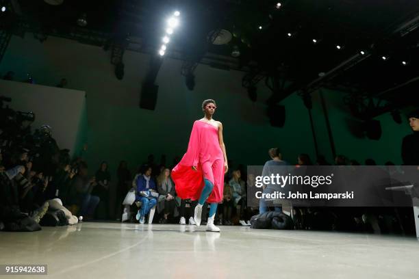 Model walks the runway at the Adam Selman front row during New York Fashion Week: The Shows at Gallery I at Spring Studios on February 8, 2018 in New...