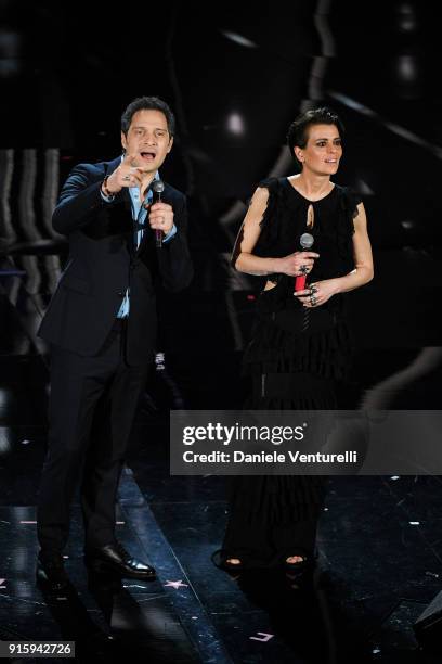 Claudio Santamaria and Claudia Pandolfi attend the third night of the 68. Sanremo Music Festival on February 8, 2018 in Sanremo, Italy.