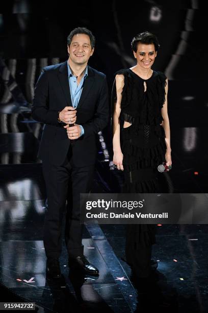 Claudio Santamaria and Claudia Pandolfi attend the third night of the 68. Sanremo Music Festival on February 8, 2018 in Sanremo, Italy.