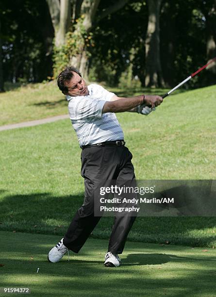 Captain of the 1980 Olympic Gold Medal USA Hockey Team Mike Eruzione tees off at the 7th Annual Companions in Courage Foundation Golf Classic at...