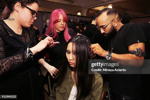 Model prepares backstage for Ceremony: Xuly.Bet x Mimi Prober x Hogan McLaughlin during New York Fashion Week Presented By First Stage at Industria...