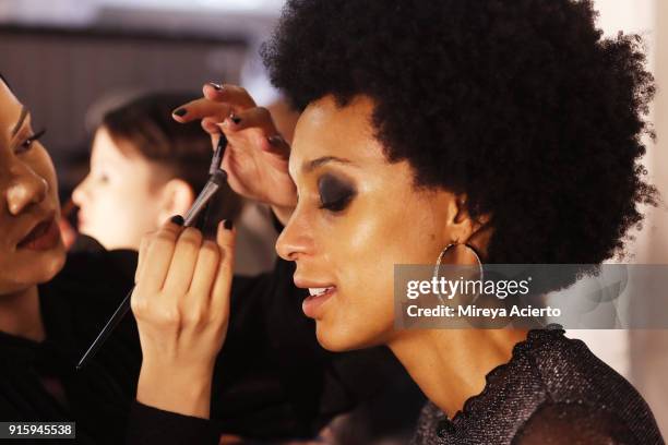 Model prepares backstage for Xuly.Bet x Mimi Prober x Hogan McLaughlin during New York Fashion Week: The Shows at Industria Studios on February 8,...