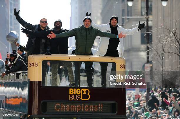 Zach Ertz, Torrey Smith, Mack Hollins and Trey Burton of the Philadelphia Eagles during their Super Bowl Victory Parade on February 8, 2018 in...
