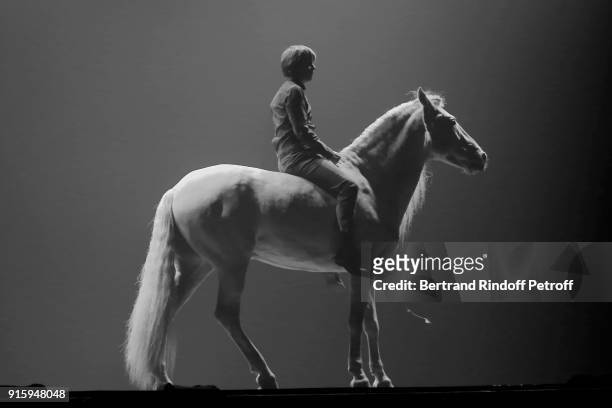 Alex Lutz performs with a Horse during his One Man Show At L'Olympia on February 8, 2018 in Paris, France.