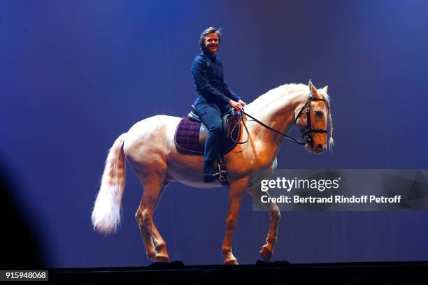 Alex Lutz performs with a Horse during his One Man Show At L'Olympia on February 8, 2018 in Paris, France.