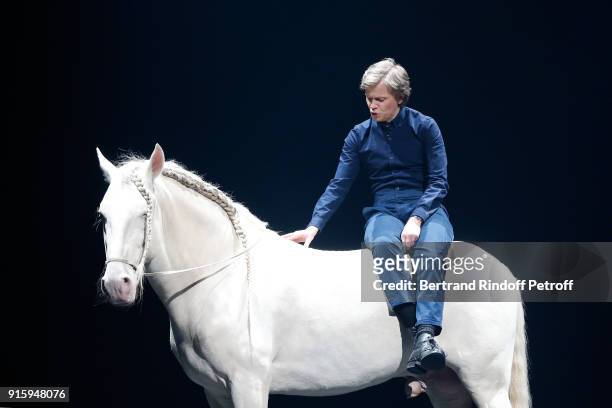 Alex Lutz performs with a Horse during his One Man Show At L'Olympia on February 8, 2018 in Paris, France.