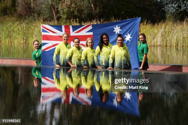 Australia captain Alicia Molik, Ashleigh Barty, Daria Gavrilova, Destanee Aiava and Casey Dellacqua of Australia pose during the official draw ahead...