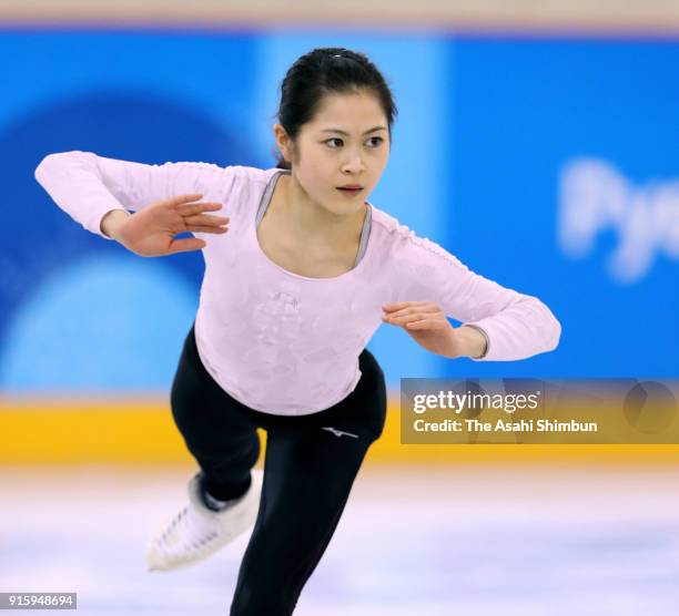 Figure skater Satoko Miyahara of Japan in action during a practice session ahead of the PyeongChanag Winter Olympic Games at Gangneung Ice Arena on...