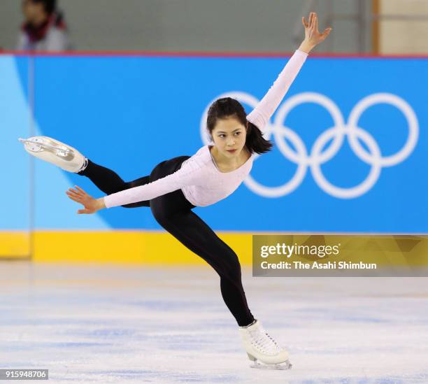 Figure skater Satoko Miyahara of Japan in action during a practice session ahead of the PyeongChanag Winter Olympic Games at Gangneung Ice Arena on...