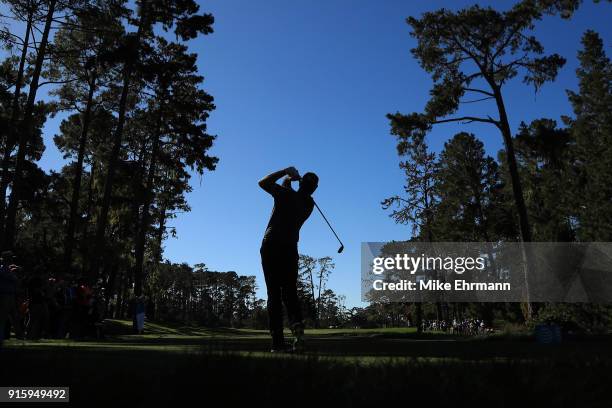 Jerry Kelly plays his shot from the 17th tee during Round One of the AT&T Pebble Beach Pro-Am at Spyglass Hill Golf Course on February 8, 2018 in...