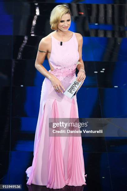 Michelle Hunziker attends the third night of the 68. Sanremo Music Festival on February 8, 2018 in Sanremo, Italy.