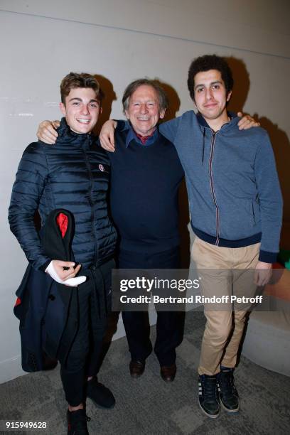 Mario Luraschi standing between his sons Marco and Lucio attend the Alex Lutz One Man Show At L'Olympia on February 8, 2018 in Paris, France.