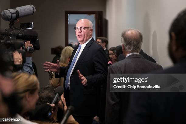 Rep. Joe Crowley talks to reporters as he arrives for a House Democratic caucus meeting at the U.S. Capitol February 8, 2018 in Washington, DC....