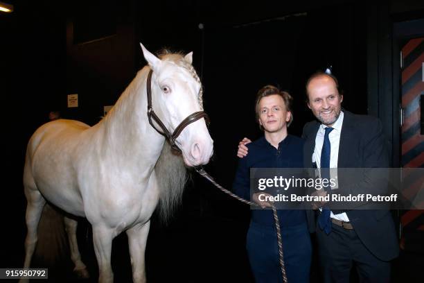 Alex Lutz, the Horse of the show and Producer of the show Jean-Marc Dumontet pose after the Alex Lutz One Man Show At L'Olympia on February 8, 2018...