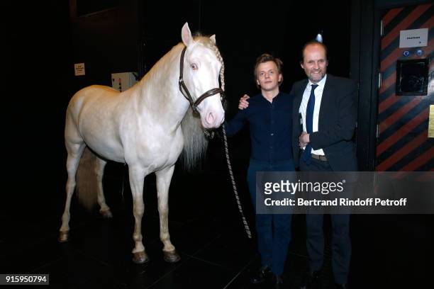 Alex Lutz, the Horse of the show and Producer of the show Jean-Marc Dumontet pose after the Alex Lutz One Man Show At L'Olympia on February 8, 2018...