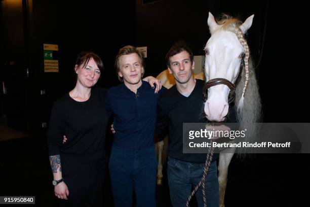 Alex Lutz with Yann Vaille and Veronique, who take care of the horse, pose after the Alex Lutz One Man Show At L'Olympia on February 8, 2018 in...