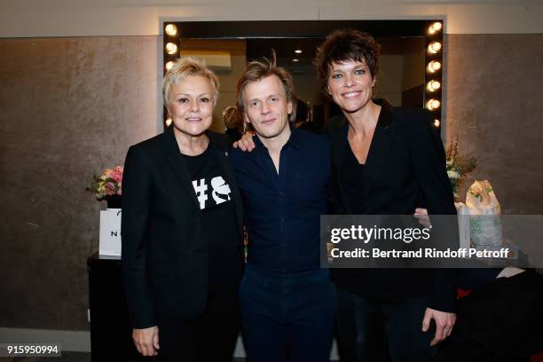 Muriel Robin, Alex Lutz and Anne Le Nen pose after the Alex Lutz One Man Show At L'Olympia on February 8, 2018 in Paris, France.