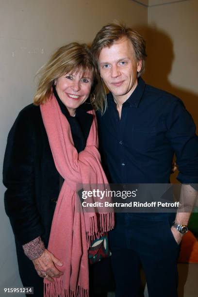 Katherine Pancol and Alex Lutz pose after the Alex Lutz One Man Show At L'Olympia on February 8, 2018 in Paris, France.