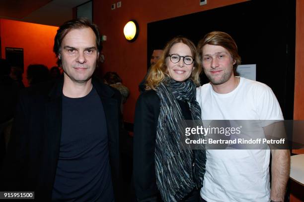 Sebastien Thiery, Pascale Arbillot and Stage Director of the show Tom Dingler attend the Alex Lutz One Man Show At L'Olympia on February 8, 2018 in...