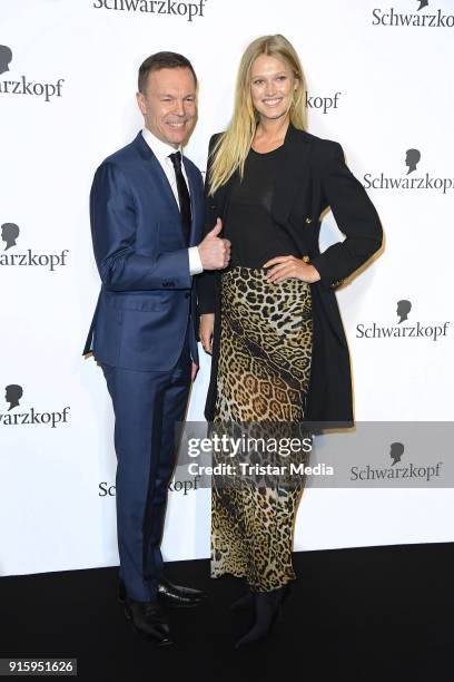 Jens-Martin Schwaerzler and Toni Garrn attend the 120th anniversary celebration of Schwarzkopf at U3 subway tunnel Potsdamer Platz on February 8,...