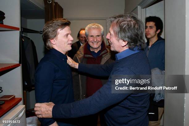 Alex Lutz, Claude Lelouch and Mario Luraschi pose after the Alex Lutz One Man Show At L'Olympia on February 8, 2018 in Paris, France.