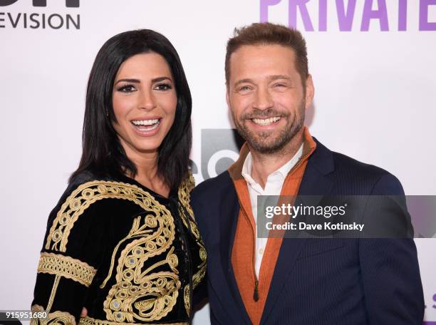 Actress Cindy Sampson and actor Jason Priestley arrive at the ION Television Private Eyes Launch Event on February 8, 2018 in New York City.