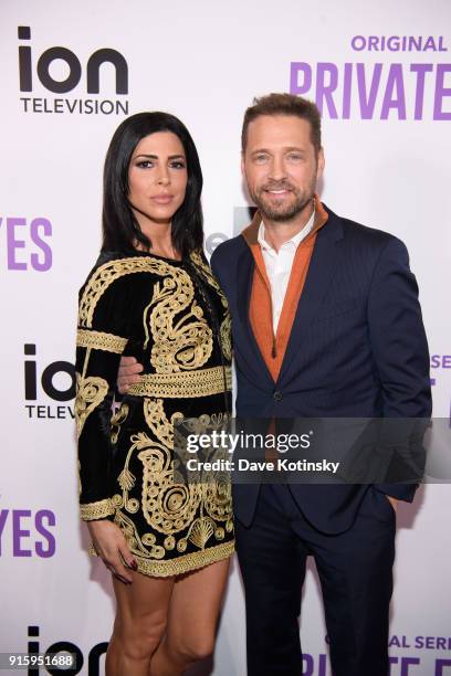 Actress Cindy Sampson and actor Jason Priestley arrive at the ION Television Private Eyes Launch Event on February 8, 2018 in New York City.